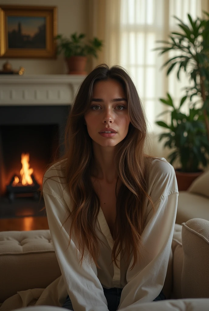 I want in a large living room the image of a very beautiful sad young woman, tears flowing from her eyes