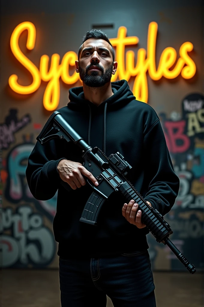 A Man in black hodi with gun M16 and a word Sycostyles written in background with golden colour