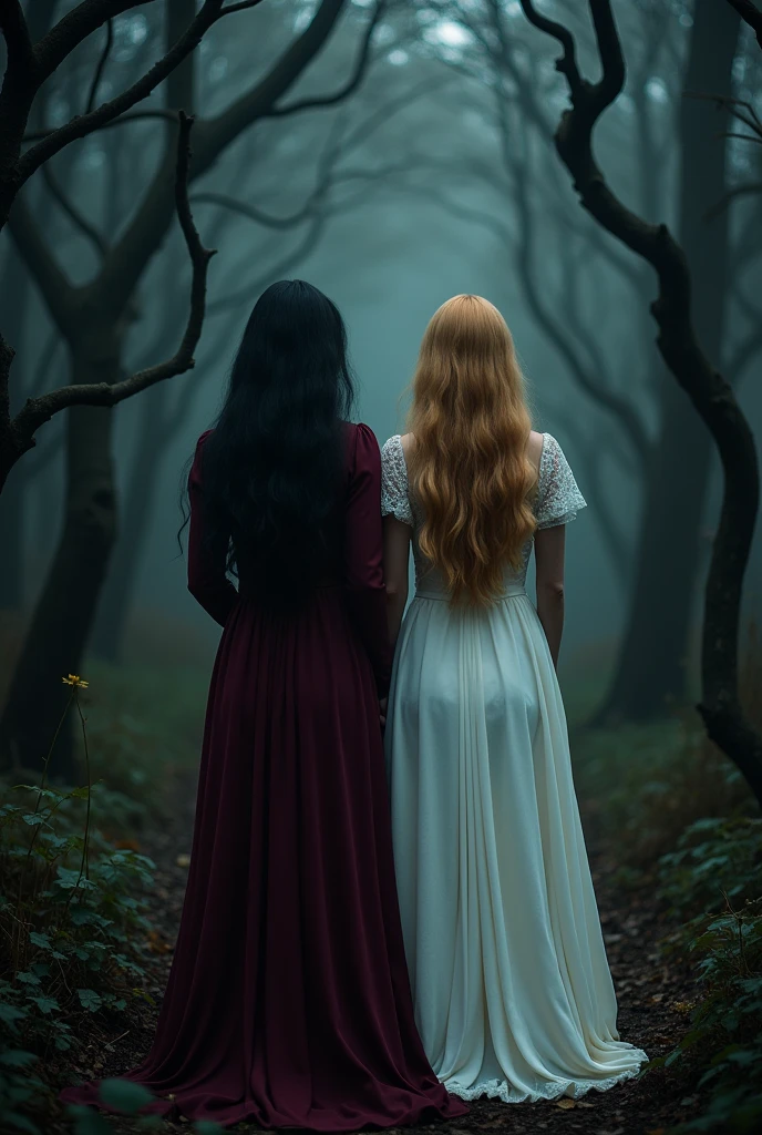 Two grown women, one with blonde hair the other with black hair, fuller and medium length, in the middle of a dark and suspenseful forest. The black-haired woman is mysterious and wears a long wine-colored dress, and the blonde has voluminous hair and wears a simple long white dress..