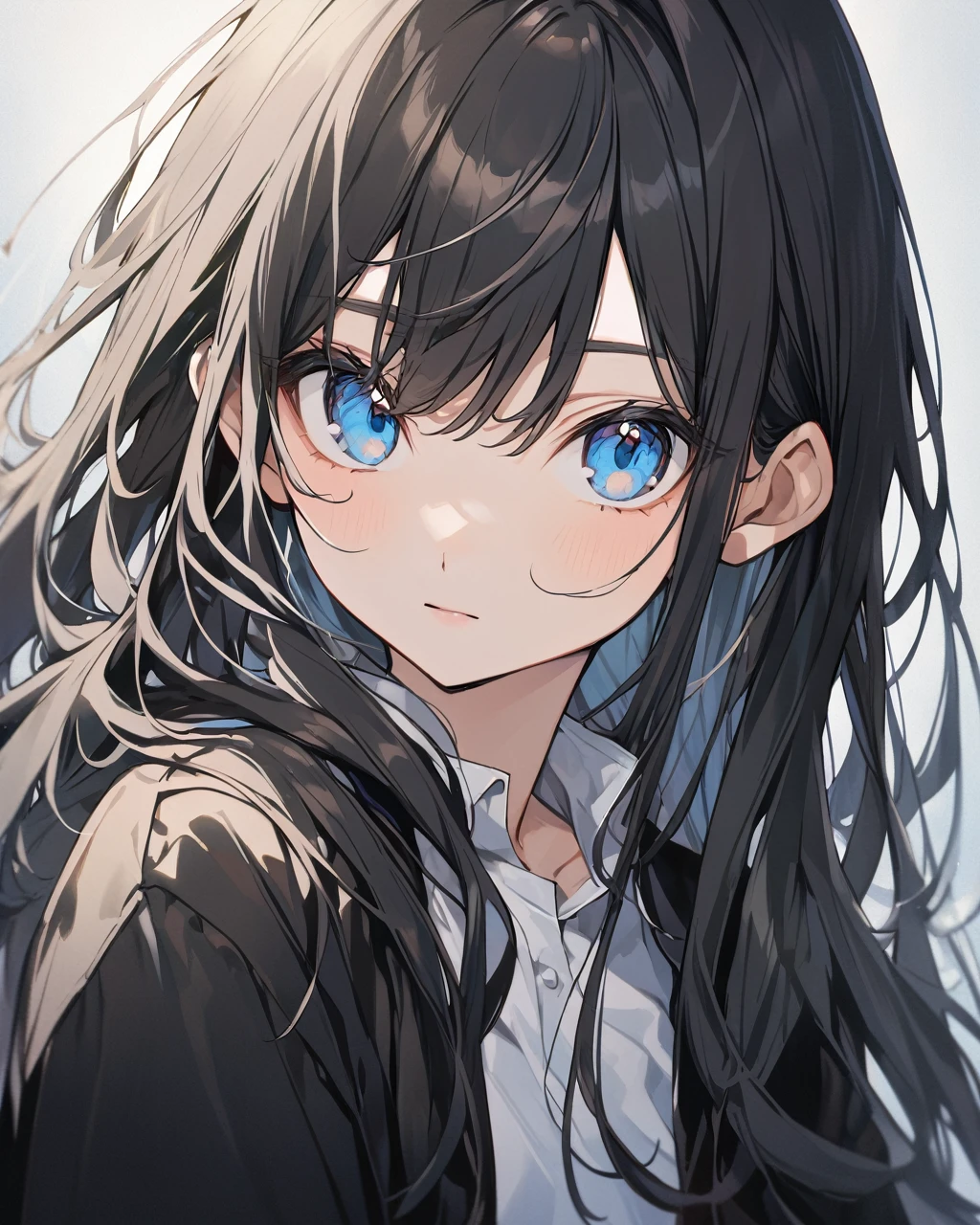 1 female, black hair, Long hair, blue eyes, White shirt, black jacket, looking at the viewer, plano general
