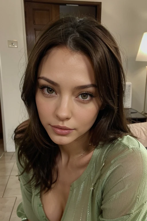 jolie ((brune)) European, beautiful and sexy, aux yeux vert clair, 28 ans, seductive look in the eyes, alone, pyjama rose, head of'artwork, la plus haute qualité, realistic, very detailed, (glistening skin, en sueur:1.4), absurdist, ((eat a pot of ice cream)) high resolution, sharpness, nice eyes, Sharp pupils, Selfie, girl's room, mouth ajar, portrait, ((debout)) dans la cuisine