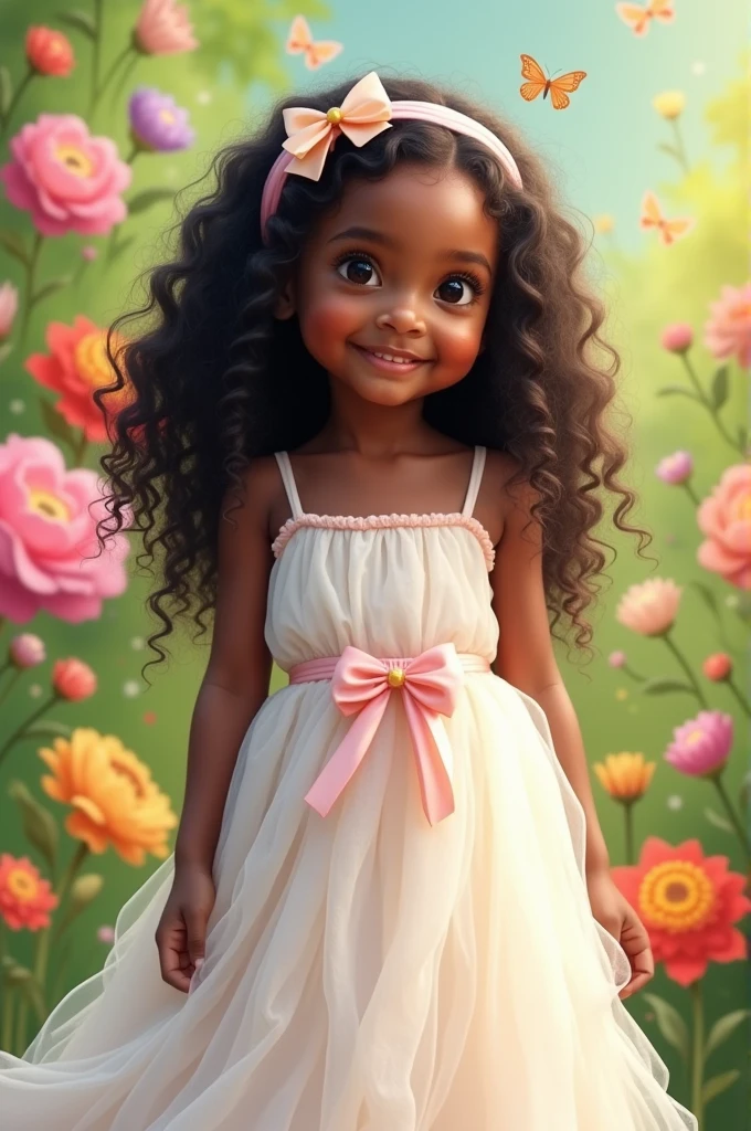  five-year-old black girl,long curly hair,black eyes green,white gown,light pink ribbon.