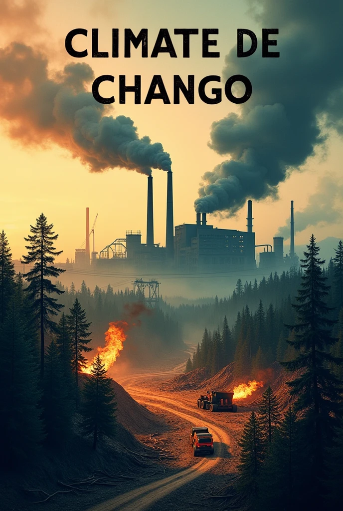 "Design an image that highlights the factors affecting climate change with Spanish text. The image should include visuals of industrial pollution (such as factories emitting smoke), deforestation (a forest being cleared), and the burning of fossil fuels (like a coal power plant).