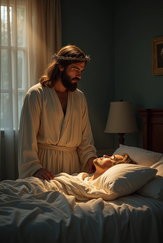 "Create an image of Jesus wearing a crown of thorns, quietly standing beside a bed in a dimly lit bedroom. The room has a peaceful ambiance, with soft moonlight filtering through a window. Jesus has a gentle, compassionate expression as He watches over a person who is peacefully sleeping. His presence is comforting, with a faint, warm glow surrounding Him, contrasting with the shadows in the room. The scene conveys a sense of protection, peace, and divine care."