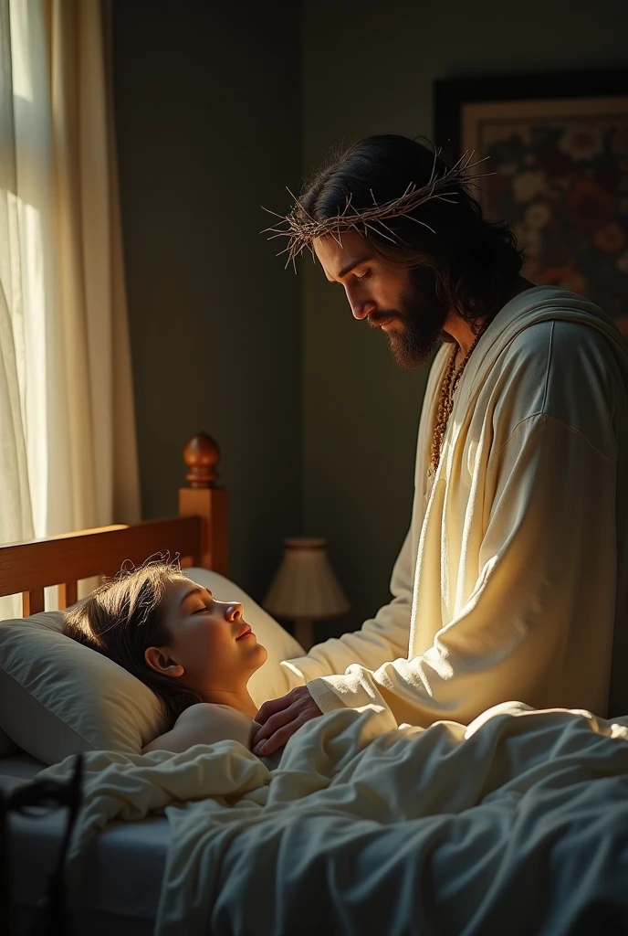 "Create an image of Jesus wearing a crown of thorns, quietly standing beside a bed in a dimly lit bedroom. The room has a peaceful ambiance, with soft moonlight filtering through a window. Jesus has a gentle, compassionate expression as He watches over a person who is peacefully sleeping. His presence is comforting, with a faint, warm glow surrounding Him, contrasting with the shadows in the room. The scene conveys a sense of protection, peace, and divine care."