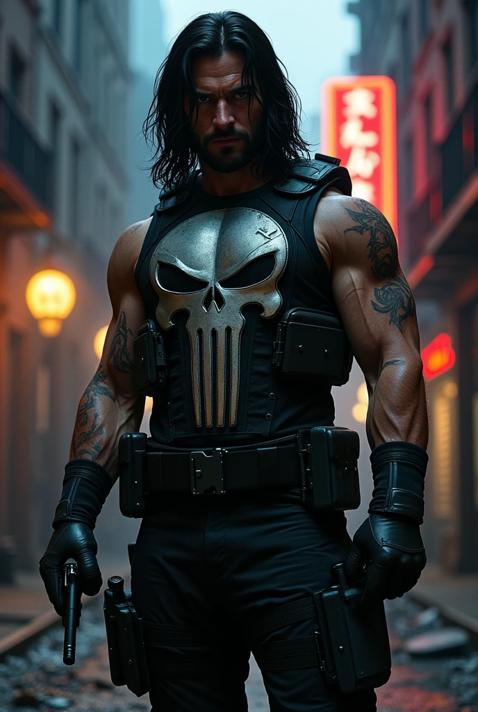 The Punisher with long hair in the style of Matt Reeves