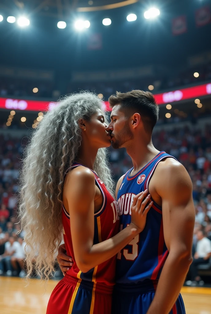A beautiful youthful looking
American version of Ariana Grande as a 50 years old woman with very long hair completely gray hair in a long big curls styles as a retired
NBA player wearing her old NBA jersey in a nba stadium she is kissing a younger male basketball player in their 20s