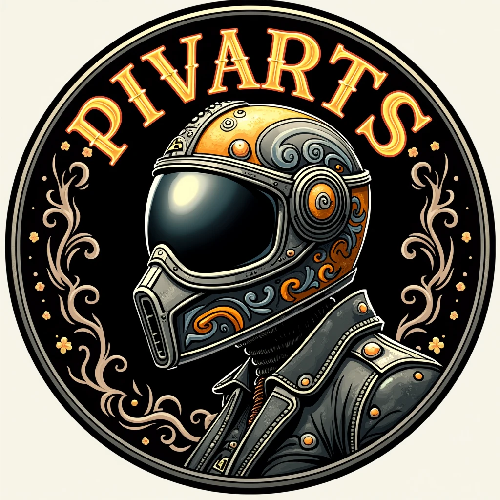 a tim burton art-style Typography vimtage Motorcycles helmet logo, with text "PIVARTS", circle, intricate details, more detail, enhanced, ((poakl))