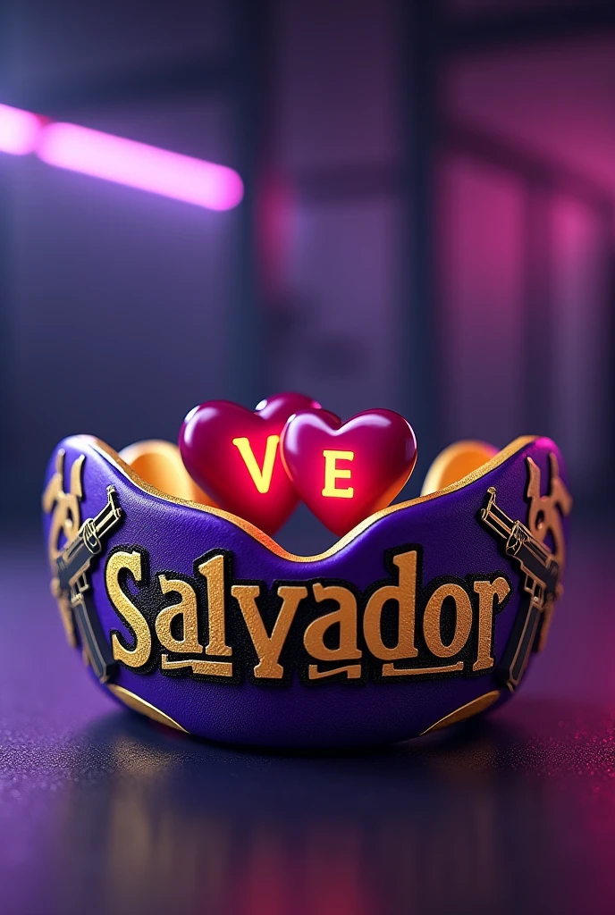 A purple and gold boxing mouthguard with the name Salvador on the front in graffiti style, On the left side an AK47 pointing at the name and on the right side an AK47 pointing at the name, On the inside there are 2 hearts, one heart with the letter V inside and another heart with the letter E inside., a realistic boxing mouthpiece