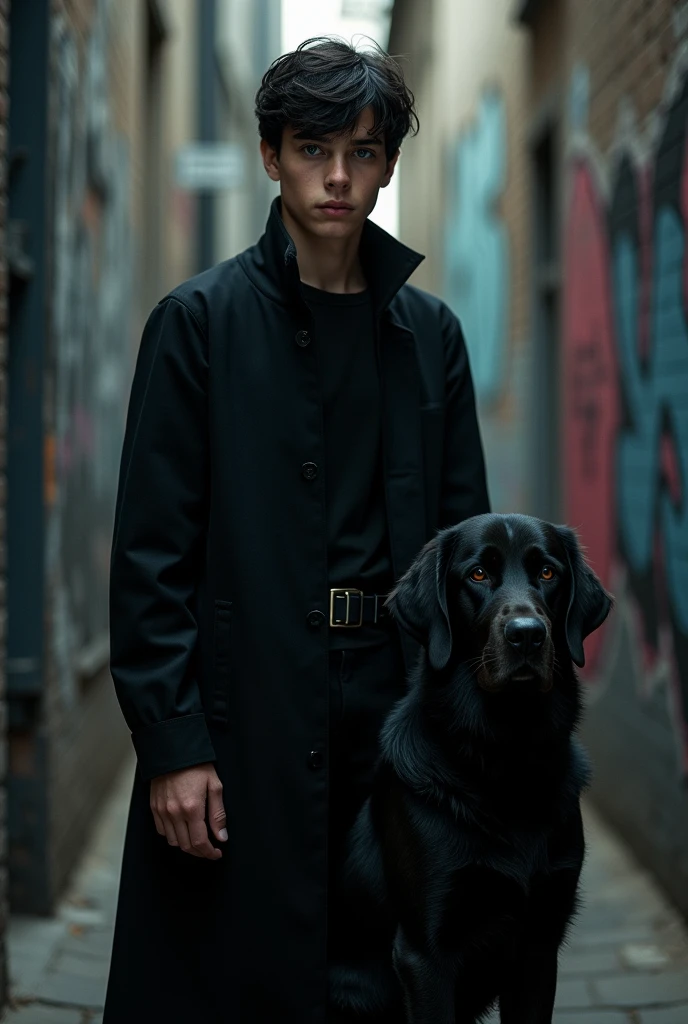 A boy with fifhteen years, very white, serios, wearing black clothes, with dark hair and blue eyes with a black golden retriever dog