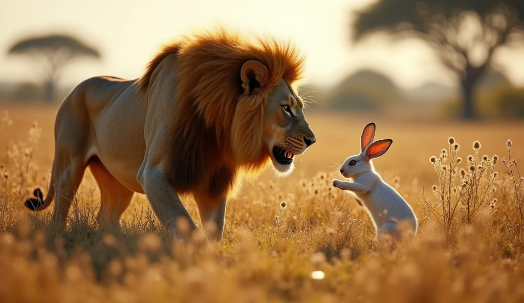 Lion Chasing Rabbit: The lion is looking fiercely at the rabbit, who is standing calmly, thinking of a plan.
