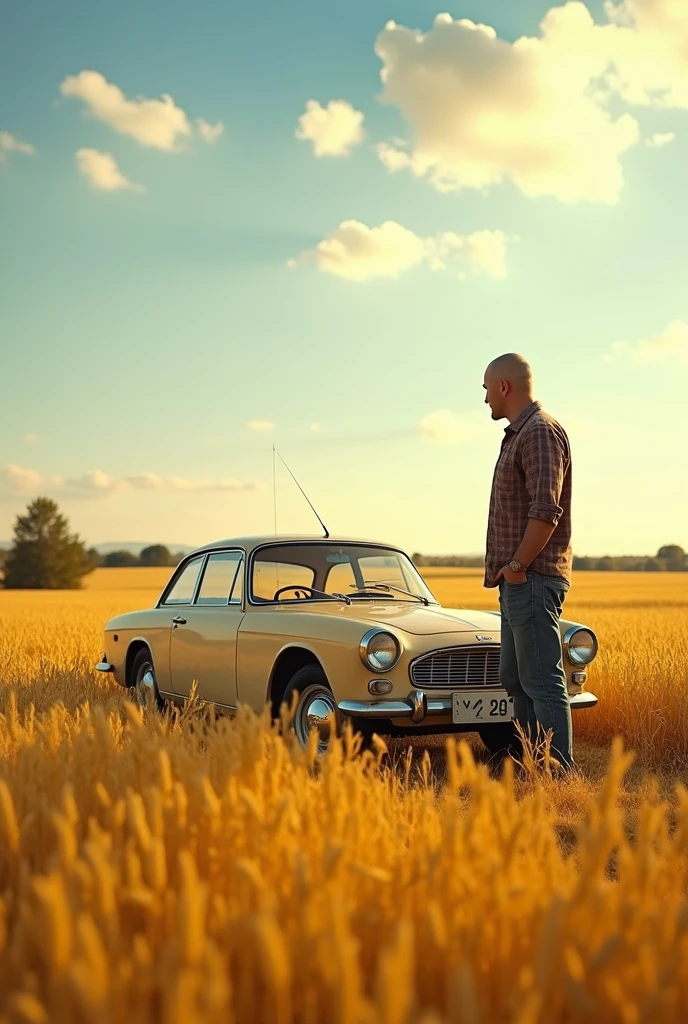 ВАЗ2109 beige color, in a wheat field, next to a bald man
