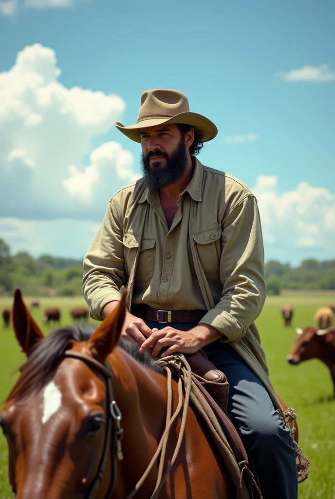 Strong 50-year-old Pantanal cattle rancher, dark close-shaven beard, dark-skinned Brazilian caboclo, Light brown bun hair, cowboy hat, mounted on horseback ,light eye, realisitic, farm and cattle background