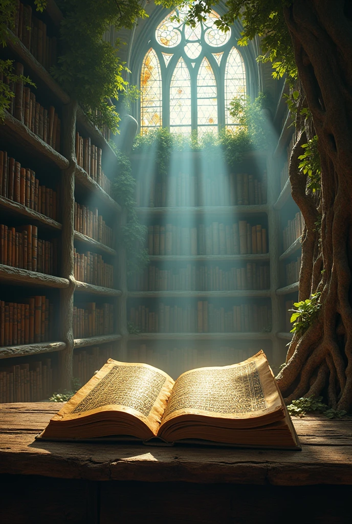 Old magic book on an old desk; inside a large medieval library almost consumed by tree roots and wild animals; a bright ray of light crosses the library to illuminate the magical book; masterpiece; 8k; UHD