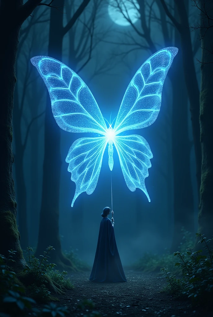 Harry Potter's Patronus, a brilliant blue with streaks of light shaped like a Luna moth