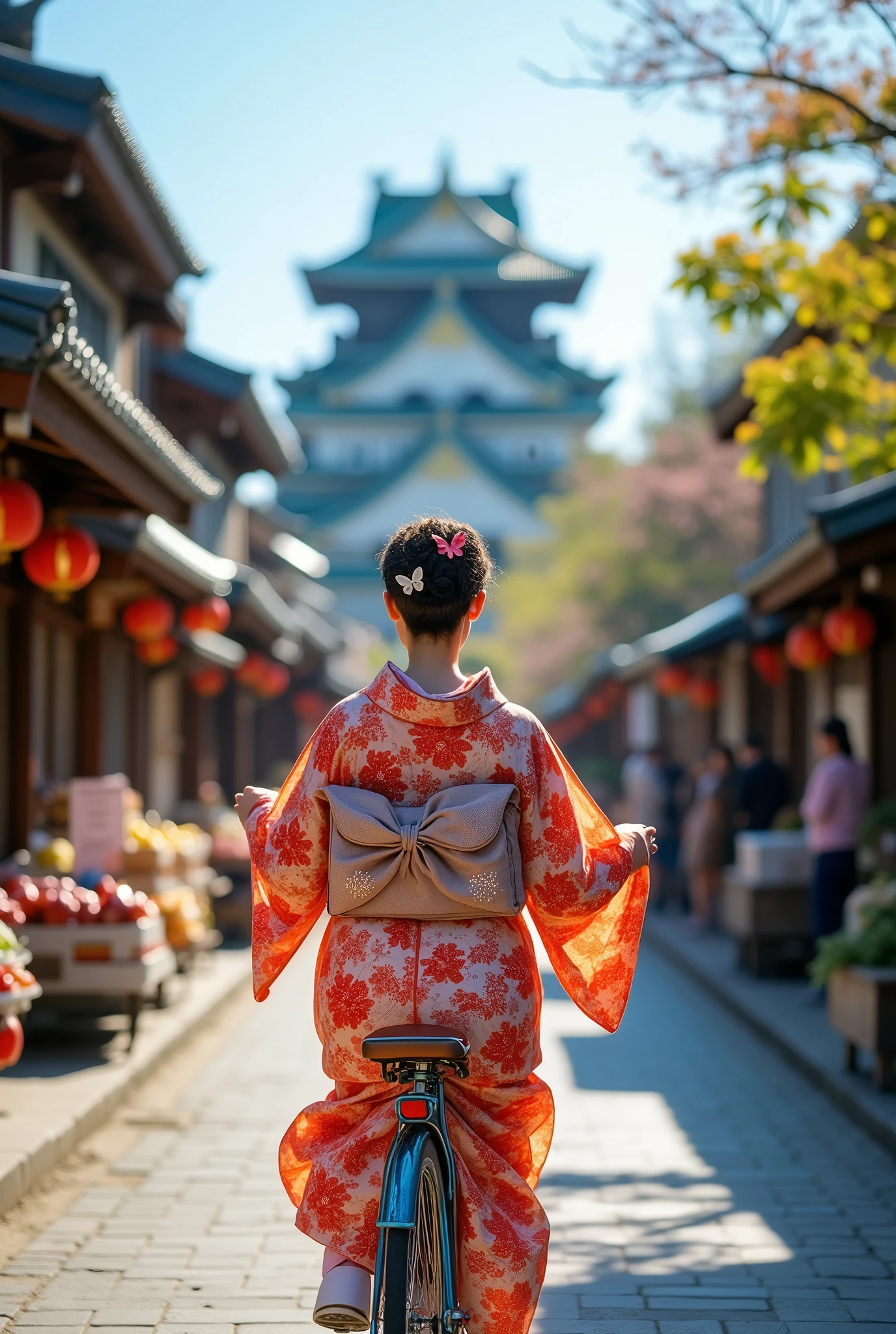 A woman wearing a kimono is riding a Japanese-style bicycle., Edo castle town, Detailed Description