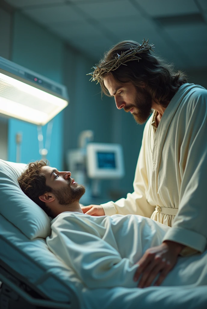 "Create an image of Jesus wearing a crown of thorns, standing beside a hospital bed in an Intensive Care Unit (ICU). The setting should be modern, with medical equipment around. Jesus should have a compassionate and serene expression, placing one hand gently on the shoulder of a patient lying in the bed. The patient appears weak, but there’s a sense of peace and hope in their interaction. The room is softly lit, with a subtle, warm glow emanating from Jesus, contrasting with the cooler, clinical lighting of the ICU."