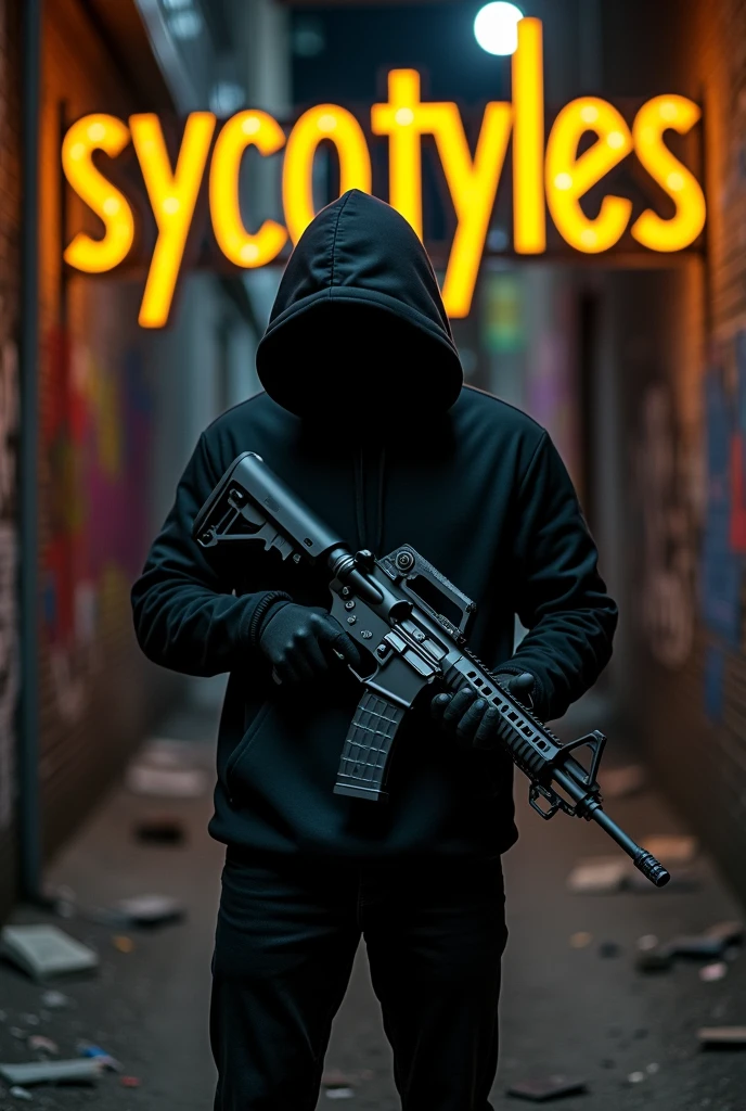 A Man in black hodi hidden face
with gun M16 and a word Sycostyles written in background with golden colour