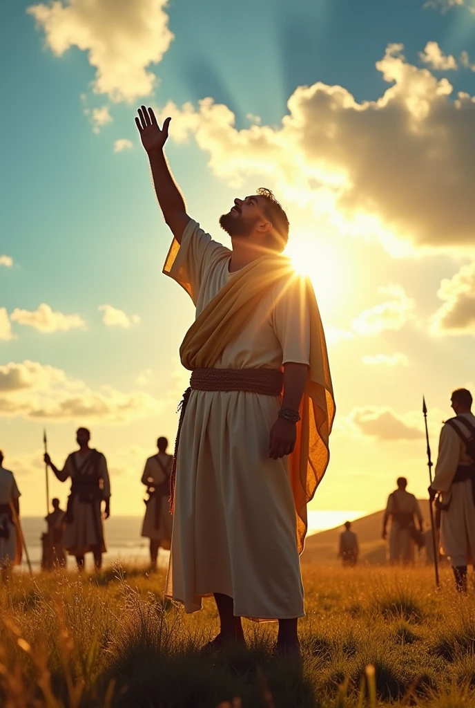 Show Joshua looking up at the sky with determination. he's on a hill, with the army in the background, and he's got his hand raised, praying. The sun is shining brightly above him."