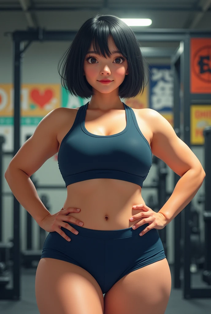 Create a picture of a woman, her name is Rei, she is Japanese, she is 170cm tall, she has a long and large face, a bulbous nose, her nostrils are long and narrow, her eyes are thin and droopy, her double eyelids are quite short, her hair is black, and her thighs and calves are a little thick.。Create a drawing of a woman with the following characteristics:

* Japanese, named Rei
* 170 cm tall
* Horse-faced with a large, round nose and vertically long nostrils
* Narrow, drooping, double eyelids
* Very short hair, black in color
* Thick thighs and calves

Foot size is 26.Barefoot with 5cm、　The figure is 36 years old, wearing gym clothes and navy blue bloomers, and is depicted in a realistic style.。