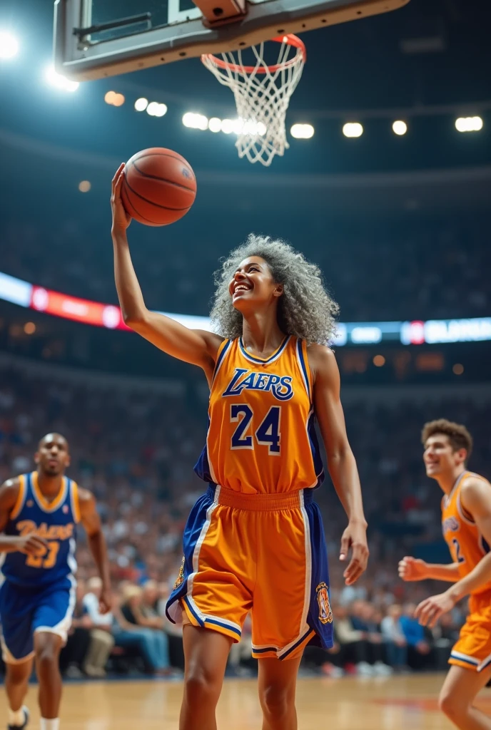 A beautiful youthful looking
American version of Ariana Grande as a 50 years old woman with very long hair completely gray hair in a long big curls styles as a retired
NBA player wearing her old NBA jersey shooting the ball in the basket in a nba stadium she is smiling for the camera in the background are younger male basketball player in their 20s