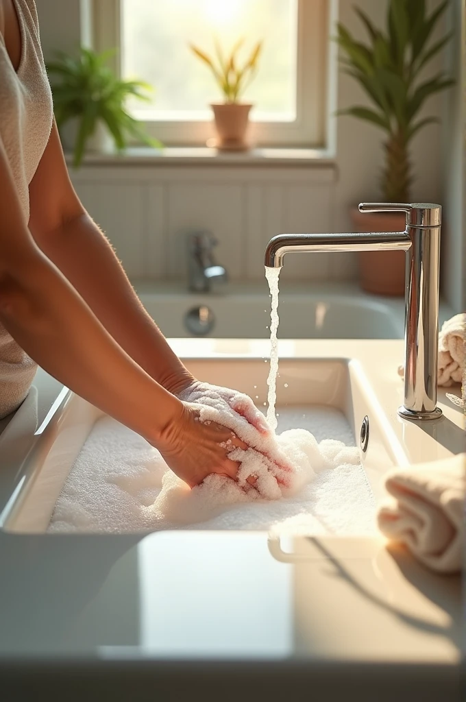 Hand washing in the bathroom with water and soap