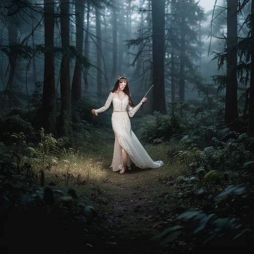 Open shot, contra-plongée, A hyperrealistic very pale woman with a long messy-straight redhair, freckled skin, skin pores, realistic textured skin, illuminated skin, wearing a tiara made of twigs on her head, wearing a white gothic dirty old dress. she is dancing in a forest around a big bonfire. Realistic textures, dark horror atmosphere, with dramatic lighting and intricate details in both the woman and the surroundings. A dark fantasy horror forest design, with shadows and light playing off her, intricate details, high contrast, high sharpness , (extremely detailed 8k wallpaper), (natural lighting), high qualiy, film grain, Sharp focus Fujifilm XT3, f5.6, 135mm, high détail, sharp focus, (external light), crazy details, complexdetails, hyperdetailed,