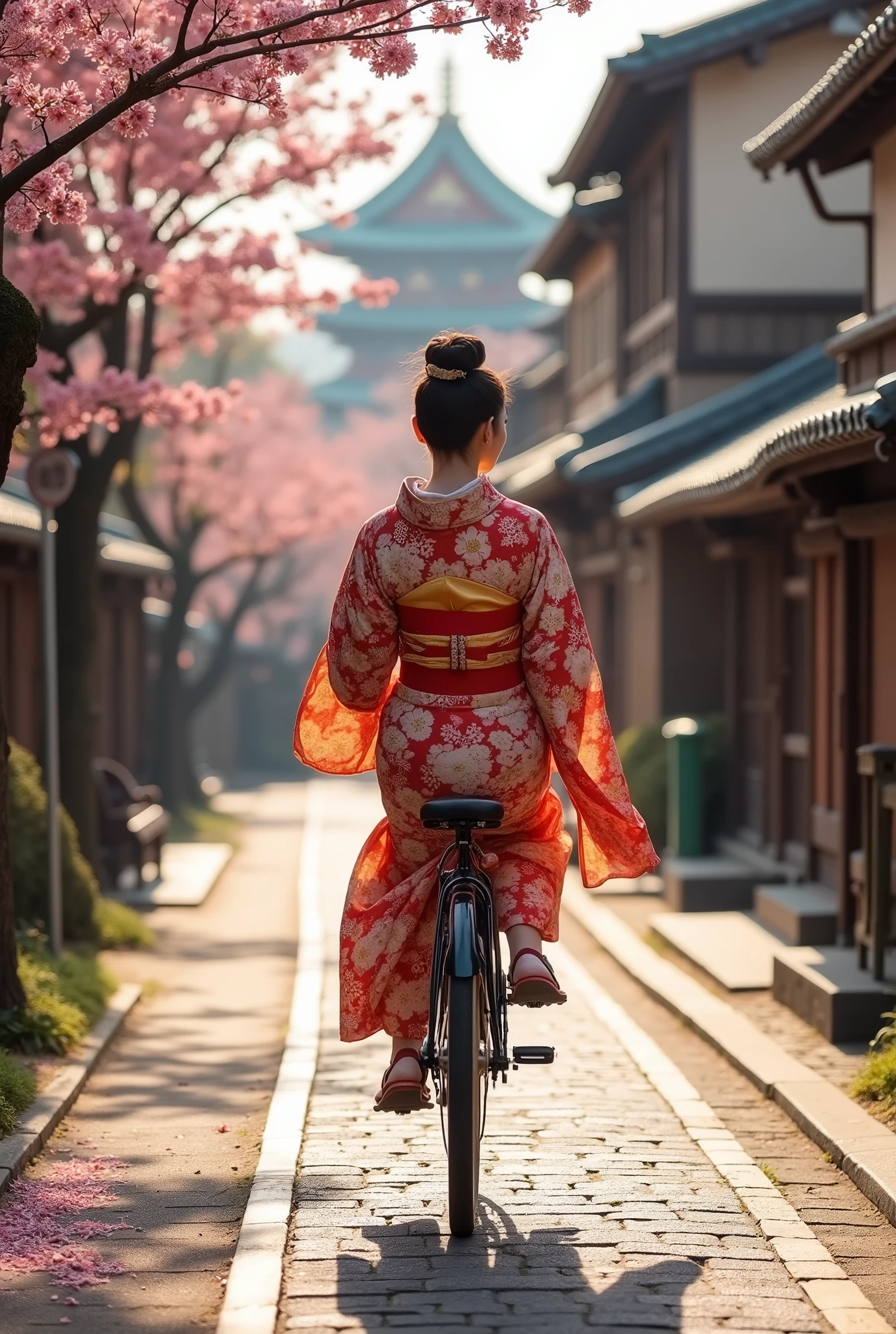 A woman wearing a kimono is riding a Japanese-style bicycle., Edo castle town, Detailed Description