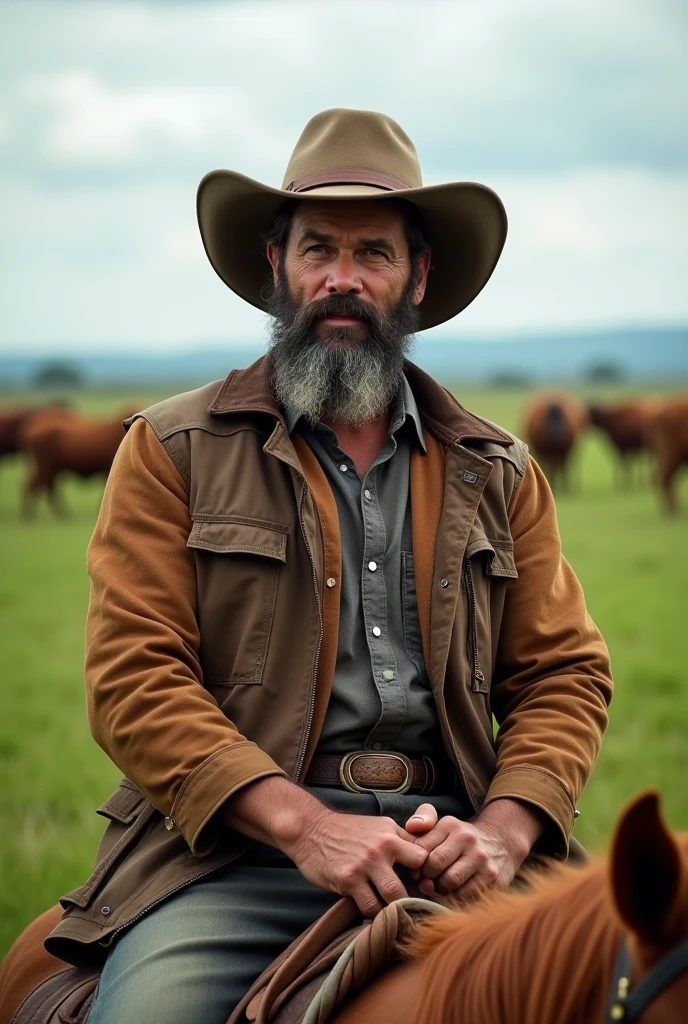 Strong 50-year-old Pantanal cattle rancher, dark close-shaven beard, dark-skinned Brazilian caboclo, Light brown bun hair, cowboy hat, mounted on horseback ,light eye, realisitic, farm and cattle background