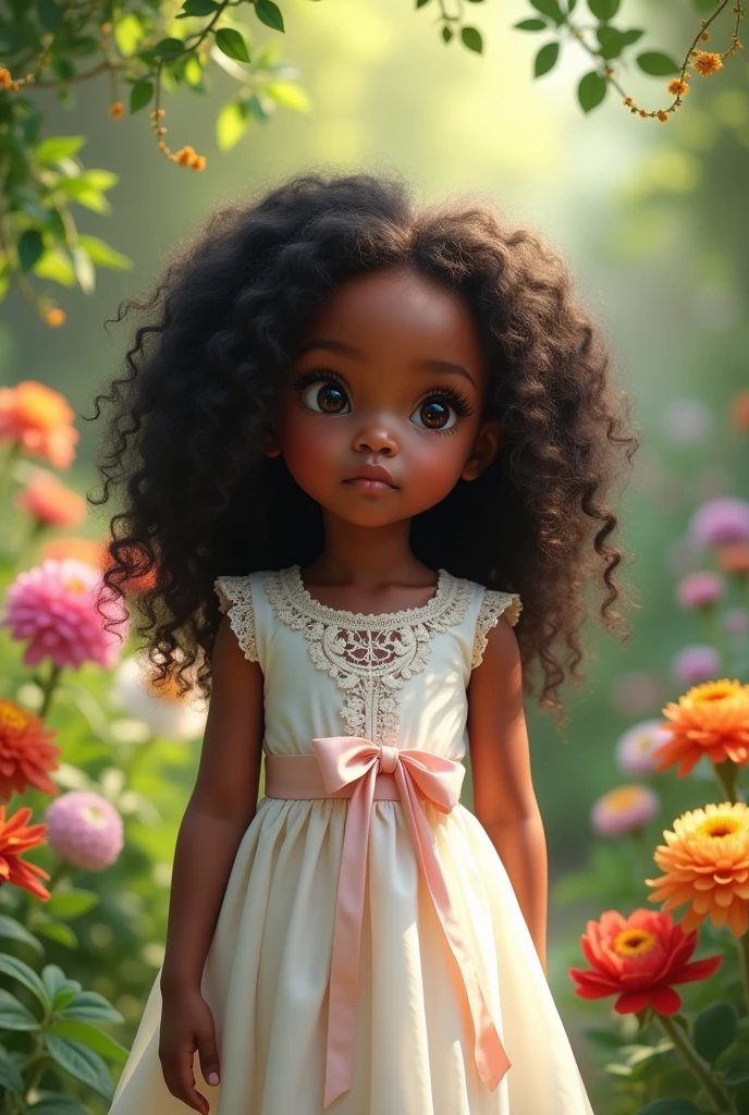 five-year-old black girl,long curly hair,black eyes green,white gown,light pink ribbon,serious look.