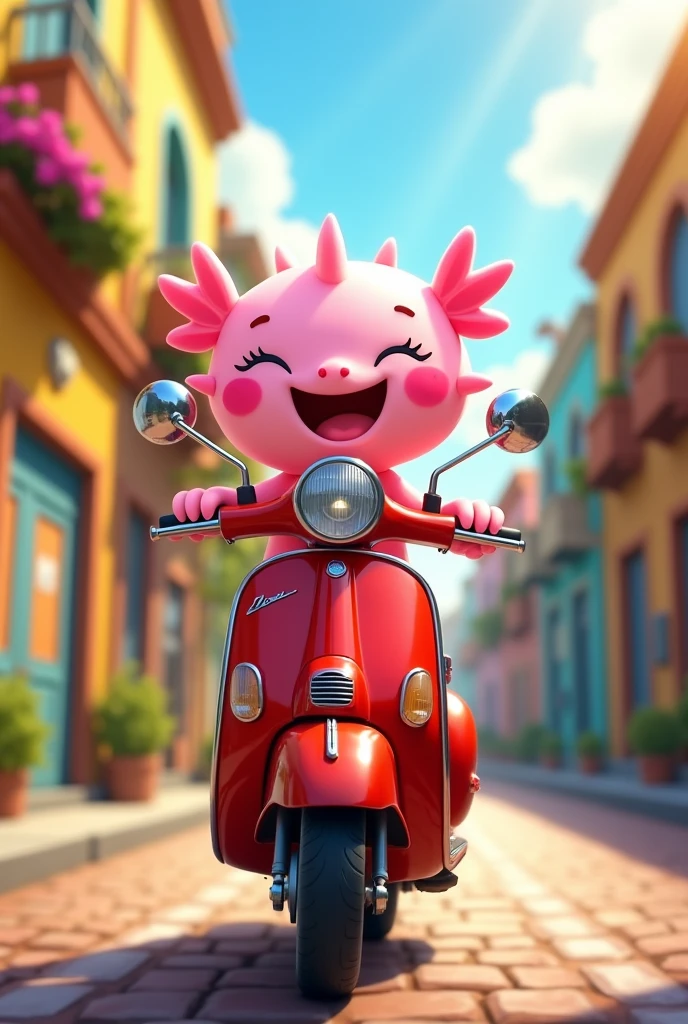 An axolotl driving a red Vespa, the axolotl should have three fins on each side of its head, cartoon