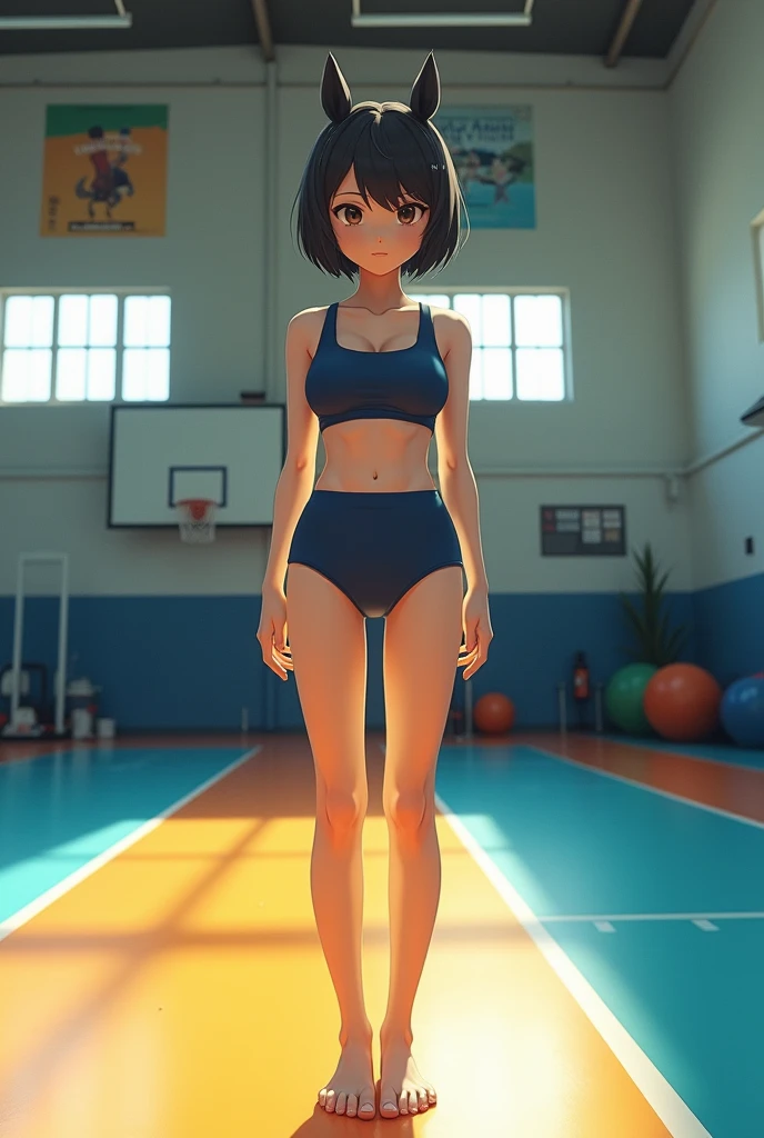 Create a picture of a woman, her name is Rei, she is Japanese, she is 170cm tall, she has a long and large face, a bulbous nose, her nostrils are long and narrow, her eyes are thin and droopy, her double eyelids are quite short, her hair is black, and her thighs and calves are a little thick.。Create a drawing of a woman with the following characteristics:
* Japanese, named Rei
* 170 cm tall
* Horse-faced with a large, round nose and vertically long nostrils
* Narrow, drooping, double eyelids
* Very short hair, black in color
* Thick thighs and calves
Foot size is 26.Barefoot with 5cm、 The figure is 36 years old, wearing gym clothes and navy blue bloomers, and is depicted in a realistic style.。
