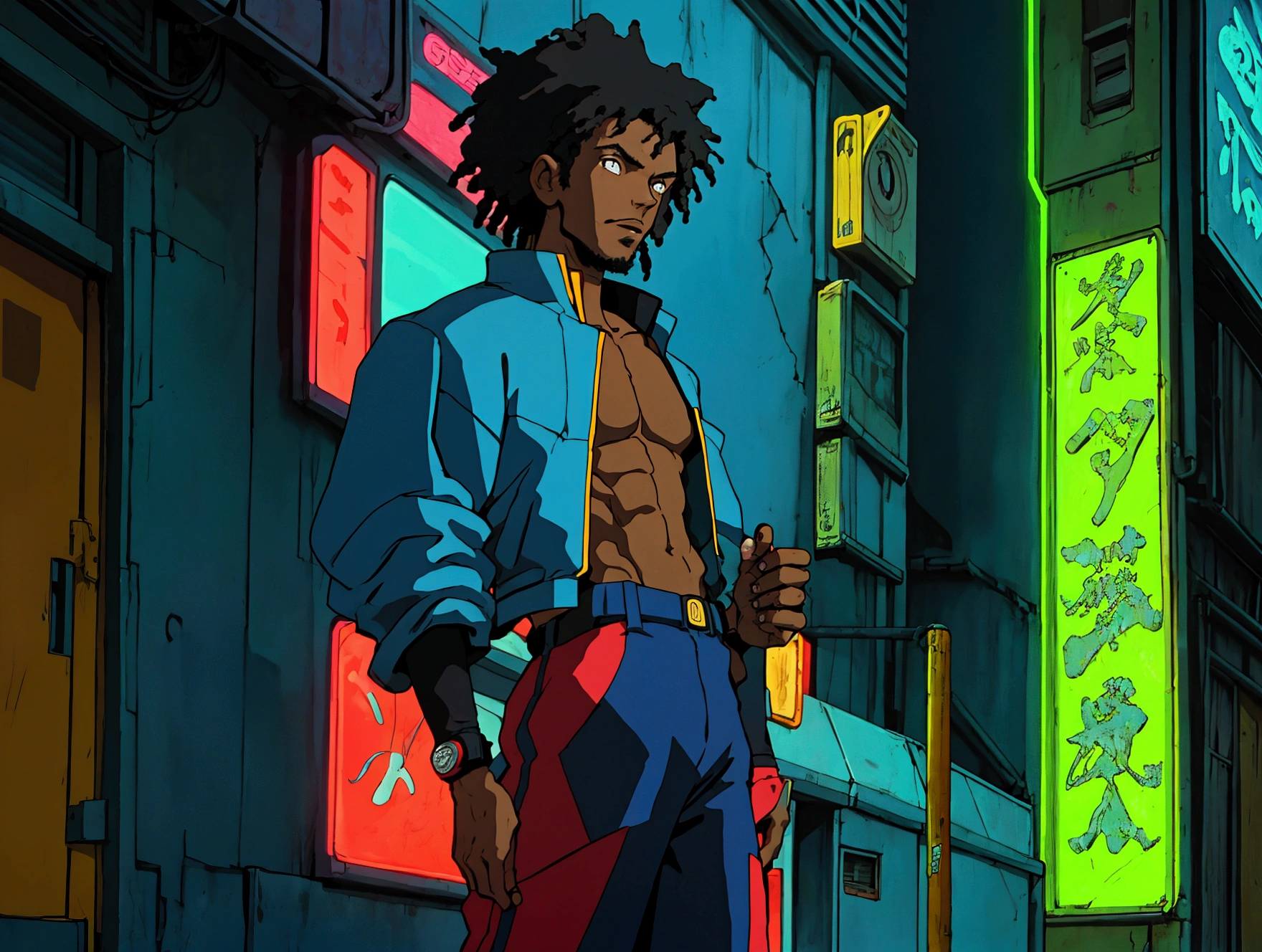 cowboy bebop animation, black male character, 30, Rastafarian, blue lighting, wearing streetwear, setting is a detailed neon strip club, futuristic