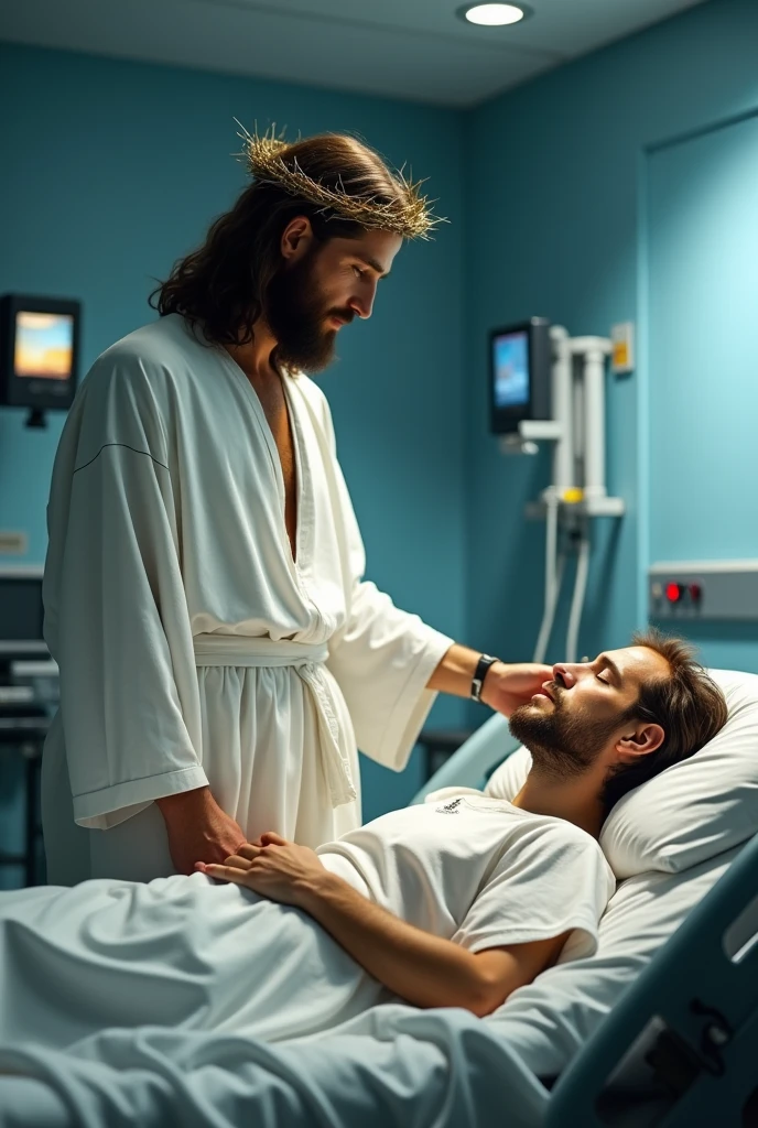 "Create an image of Jesus wearing a crown of thorns, standing beside a hospital bed in an Intensive Care Unit (ICU). The setting should be modern, with medical equipment around. Jesus should have a compassionate and serene expression, placing one hand gently on the shoulder of a patient lying in the bed. The patient appears weak, but there’s a sense of peace and hope in their interaction. The room is softly lit, with a subtle, warm glow emanating from Jesus, contrasting with the cooler, clinical lighting of the ICU."