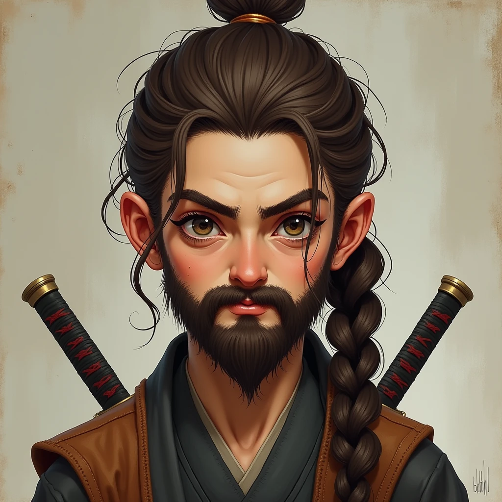 Small young person with a samurai braid in brown, a three-day beard, an iron gaze and a dagger