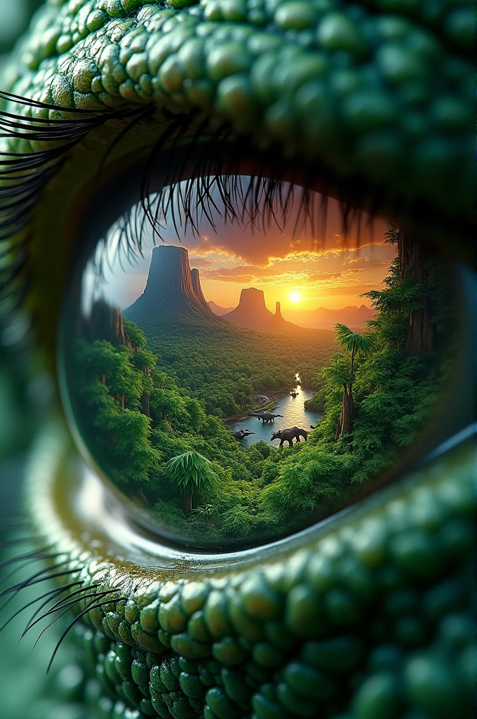 Close-up of a green eye, highly detailed iris, reflection of an ancient landscape with dinosaurs, The best quality, 8k, ultra realistic.