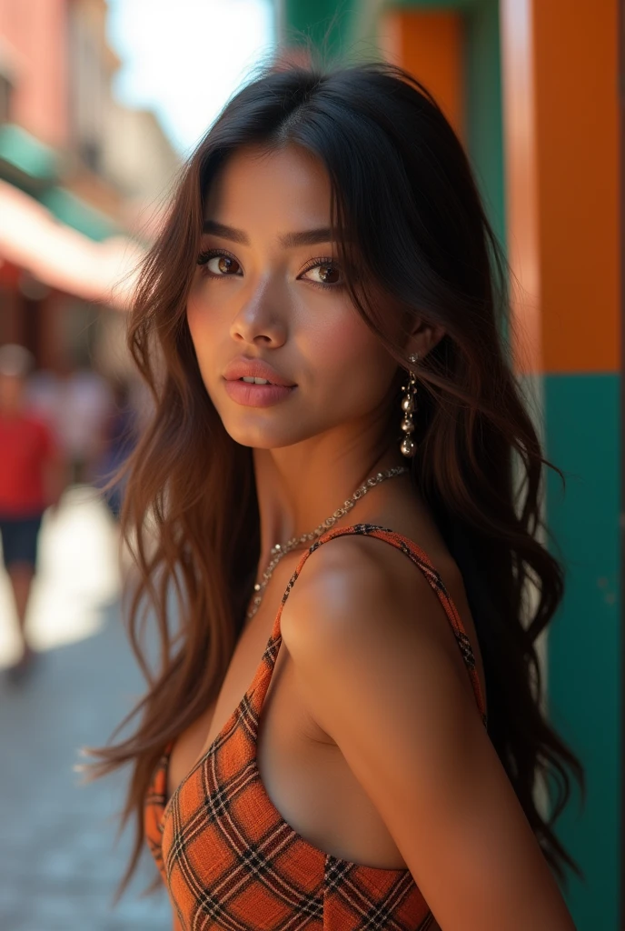 pretty young mexican woman leaning over looking at camera, perfect symmetric brown eyes, brown hair, blushing, thick makeup, earrings, jewelry, bracelet, brown hair, Scottish mini skirt, ultra high quality model, sharp focus, depth of field, unreal engine, masterpiece, 4k, detailed, street background