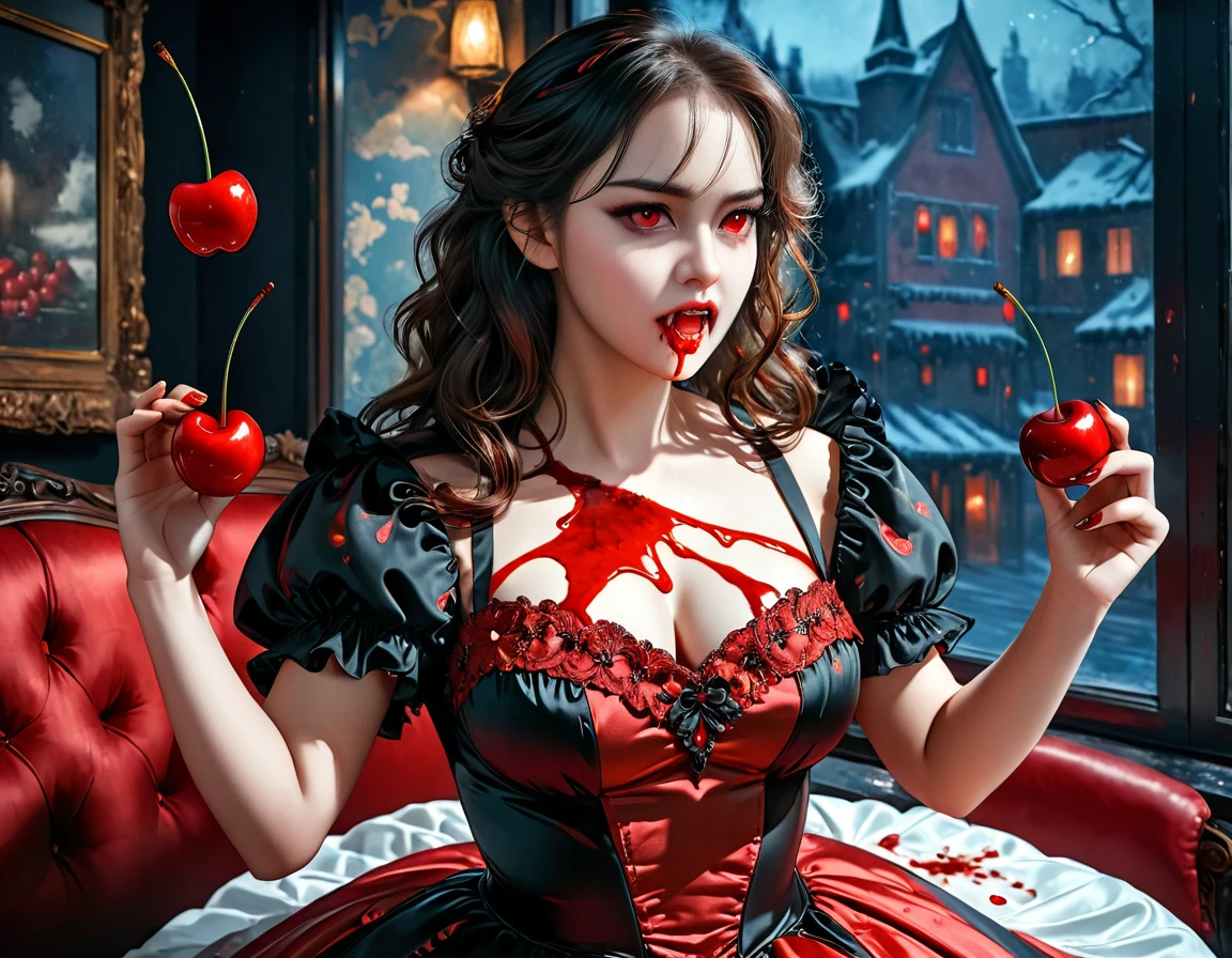 a portrait of a female vampire eating a (bloody cherry: 1.3), an exotic exquisite beautiful female vampire, dynamic hair color, wavy hair, dynamic eyes color, (glowing  eyes: 1.1), intense eyes, wearing glamour silk dress, intricate detailed dress, dynamic color dress, dynamic style dress, (eating  a large cherry soaked with blood: 1.3), blood dripping from the cheery,  whipped cream,  dark fantasy pastry shop background,  vibrant, Ultra-high resolution, High Contrast, (masterpiece:1.5), highest quality, Best aesthetics), best details, best quality, highres, 16k, [ultra detailed], masterpiece, best quality, (extremely detailed) RAW, (ultra details, Masterpiece, best quality),   Dark Art Painting Style, Intense gaze, blood, Cinematic Hollywood Film, DARK
