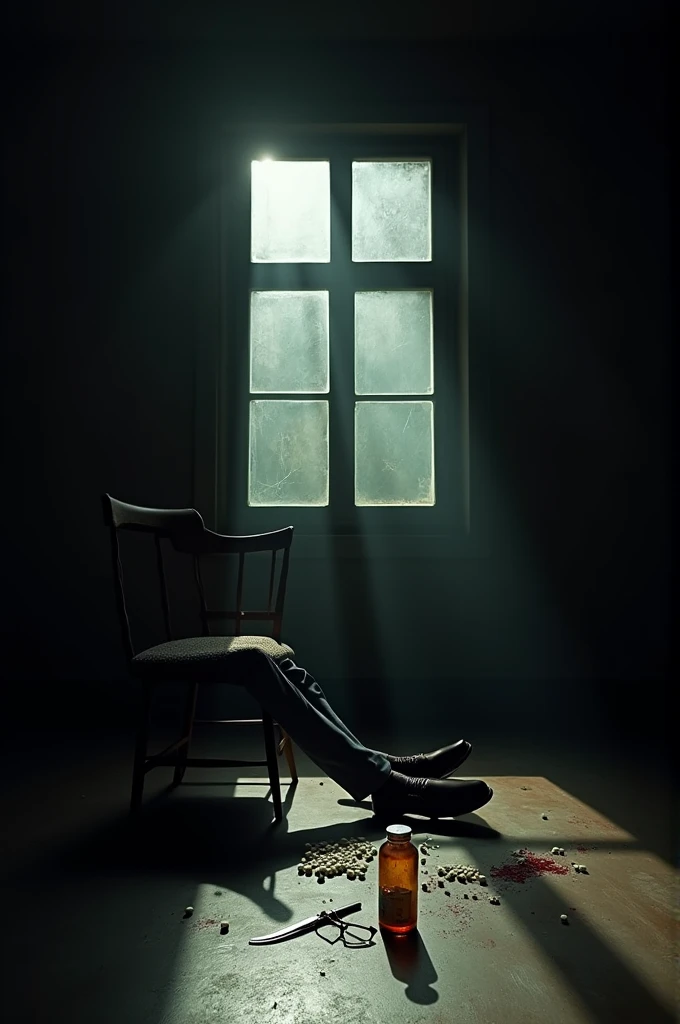 Well in this activity I need to represent a supposed suicide so here are the things I need in the image:

A completely dark room;
A single lighting coming from the window with square glass panes(4 window division), through the window you can see the reflection of a ray (which was the reason for the lighting);
An old wooden chair fallen;
A bottle of white medicines fallen on the floor next to the chair;
Some blood drops dripped near the aspirins; 
A bloody blade near the blood drops;
A fallen glasses with one of its lenses cracked;
And finally the glimpse of a human foot, with a dress shoe and a leg with a tailored pants (I want one of the legs to appear in a glimpse, soli)

Remember, this is a simulation.

Do EXACTLY everything that is written. 