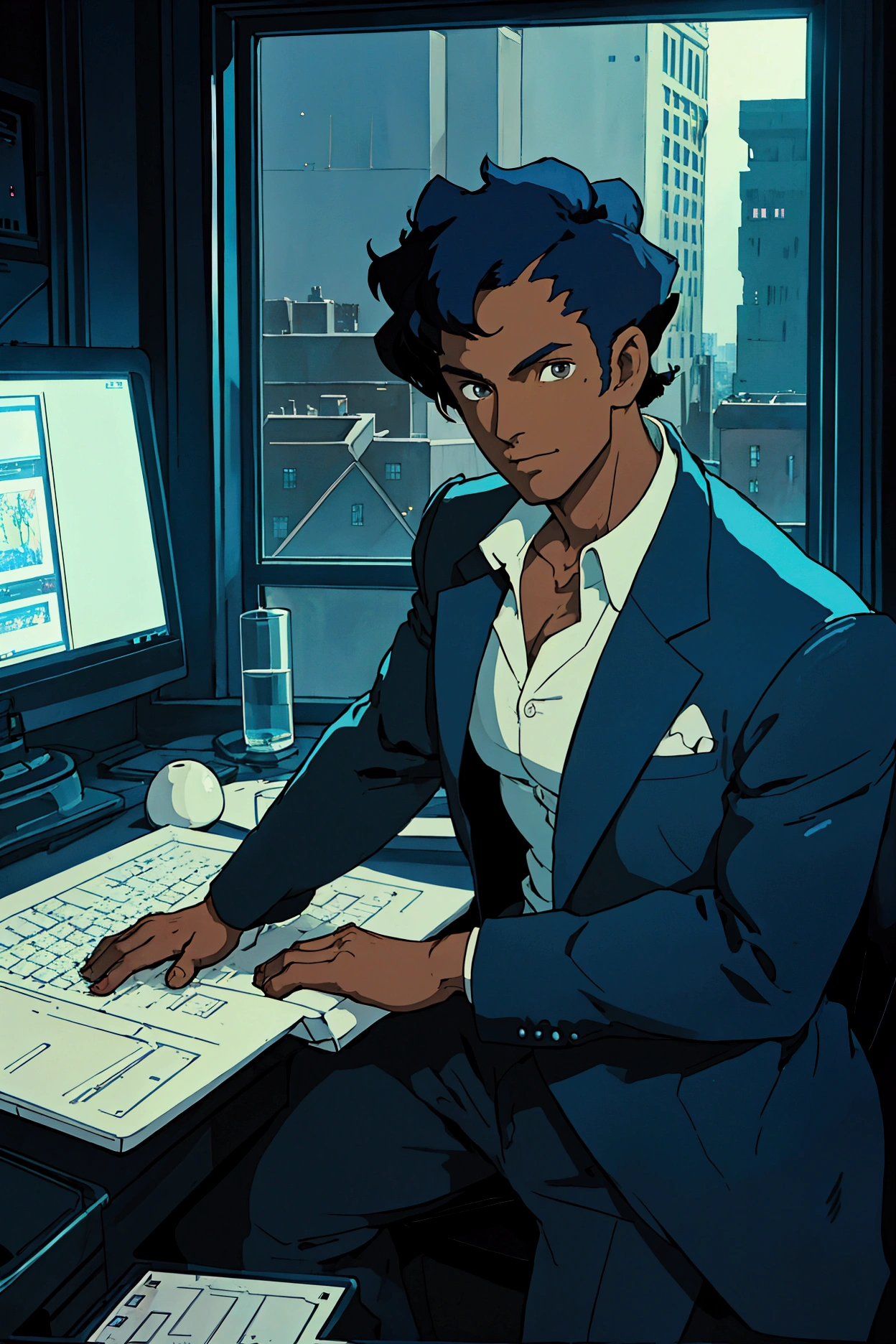 cowboy bebop animation, black male character, 30, short hair, dark eyes , blue lighting, wearing a suit, typing at a computer, programmer, panoramic window view of washington dc, night, luxury decor, futuristic