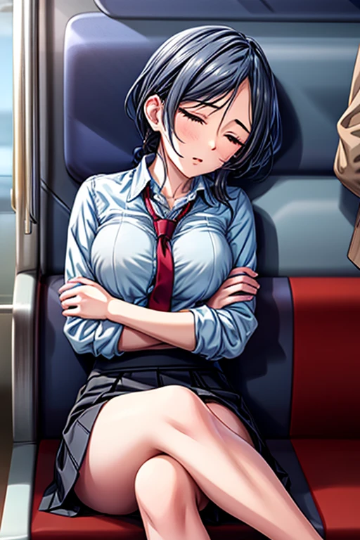masterpiece, Highest quality, High resolution, ((train))、Sitting、Kanade Hayami, Navy blue hair, A plain, light blue collared shirt、Red tie、Pleated skirt, Slender body、cute、Attractive breasts、from the front、Sleep、Closed eyes、Weakness、Relaxation、腕がWeakness、To let one's arms hang down、Leaning on your back、