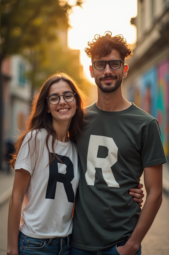 a couple. That only the girl wears glasses and is shorter than the boy. That both have shirts, that on the boy's shirt has the letter R and on the girl's shirt has the letter J