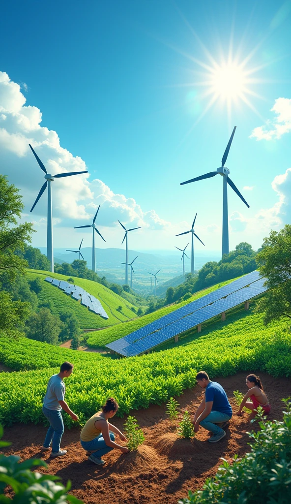 Create an image that illustrates preventive measures to combat climate change with Spanish text. The image should feature renewable energy sources like wind turbines and solar panels, a reforestation scene with new trees being planted, and sustainable agricultural practices (like organic farming)