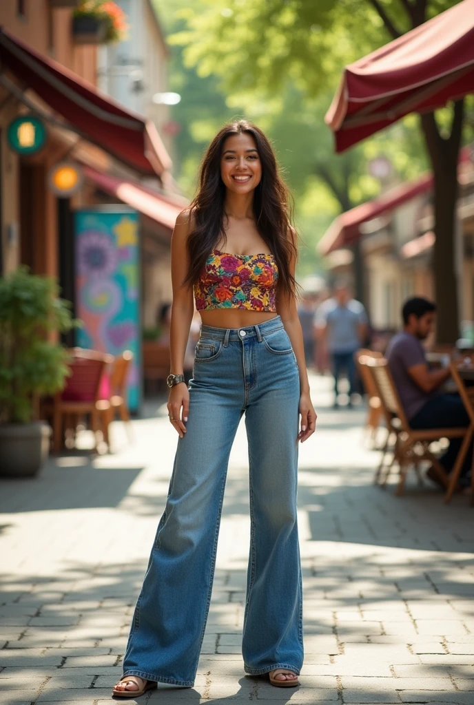 165 cm woman that is overweight wearing wide leg jeans and crop top