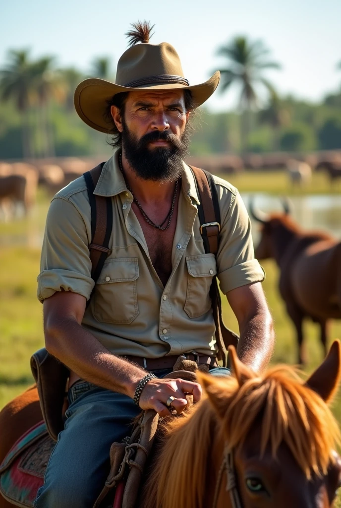 40-year-old strong Pantanal cattle herder, dark close-shaven beard, Brazilian caboclo, Light brown bun hair, cowboy hat, mounted on horseback ,light eye, realisitic, farm and cattle background