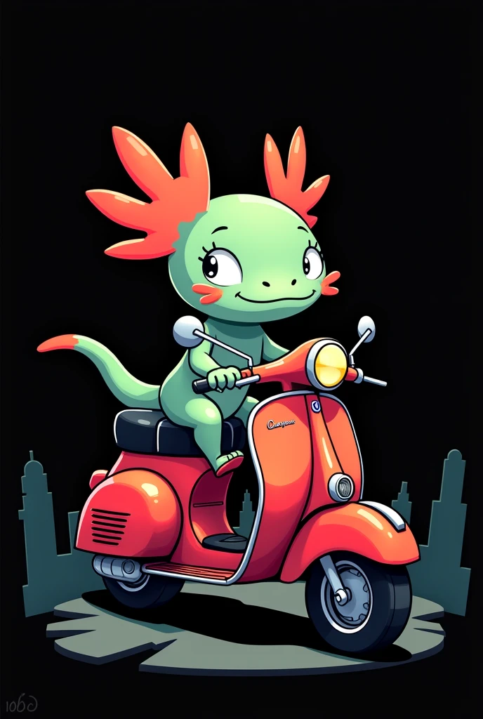 An axolotl driving a red Vespa, the axolotl should have three fins on each side of its head, cartoon, no horns on the head, black backdrop 