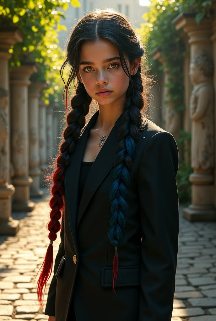 A girl with long black hair gathered in a braid. Some strands of hair are multicoloured. The eyes are multi-colored. Strict clothing. 