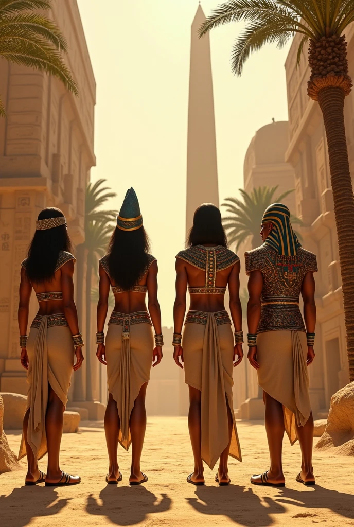 Ancient Egyptian city with 4 guards facing backwards two female two male black