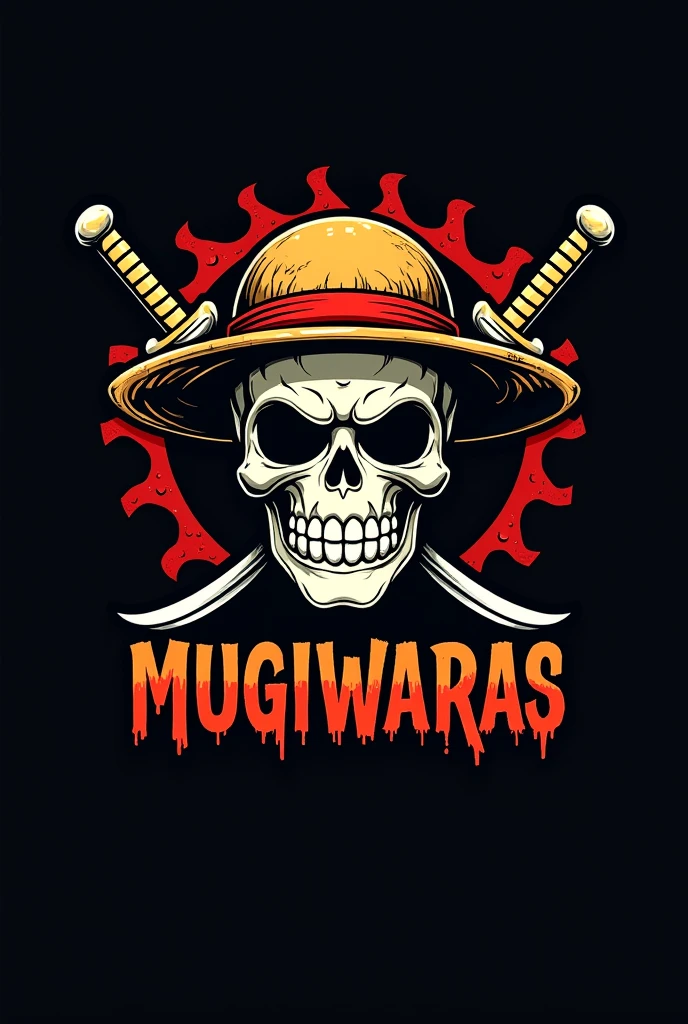Logo gaming MUGIWARAS skull with Luffy's hat written MUGIWARAS below remove the hair and that ribbon make a scarier logo remove the cape leave only the skull with the swords crossed on the skull swords of Zoro put MUGIWARAS below