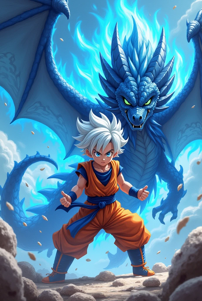 (fairy tail anime style art) 1 boy, teenager, short white hair and blue eyes solo, boy, clothes in orange and blue colors, anatomically perfect body, epic fight scene, with blue flames, background of a battle with a flying blue dragon